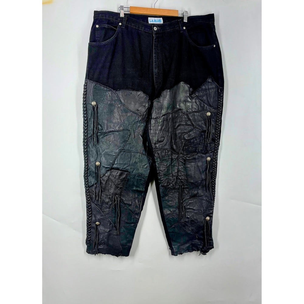 LA Blues Womens Custom Denim Leather Patchwork Western Fringe Jeans Concho Studs